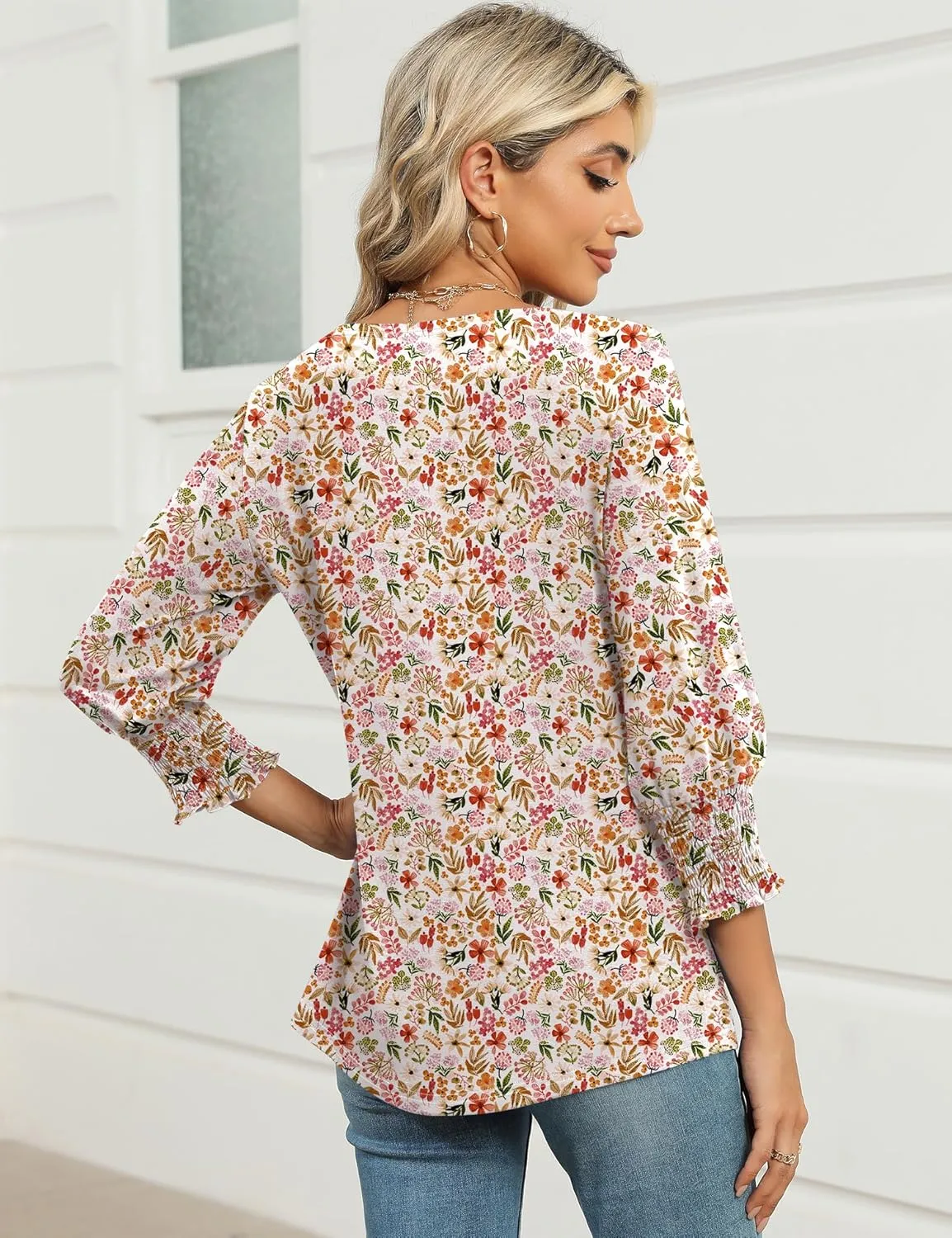 IECCP 3/4 Length Sleeve Womens Tops Summer 2025 Fashion Trendy Boat Crew Neck Smocked Work Dressy Casual T Shirt Blouses