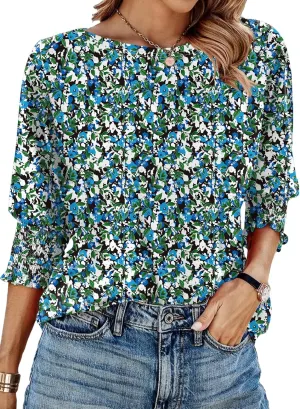 IECCP 3/4 Length Sleeve Womens Tops Summer 2025 Fashion Trendy Boat Crew Neck Smocked Work Dressy Casual T Shirt Blouses