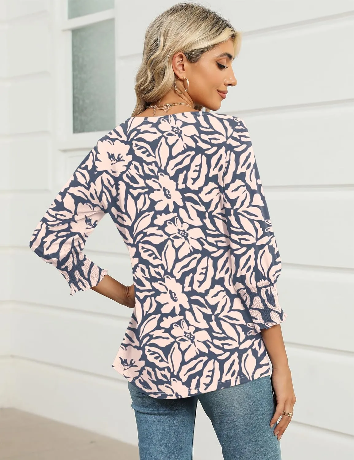 IECCP 3/4 Length Sleeve Womens Tops Summer 2025 Fashion Trendy Boat Crew Neck Smocked Work Dressy Casual T Shirt Blouses