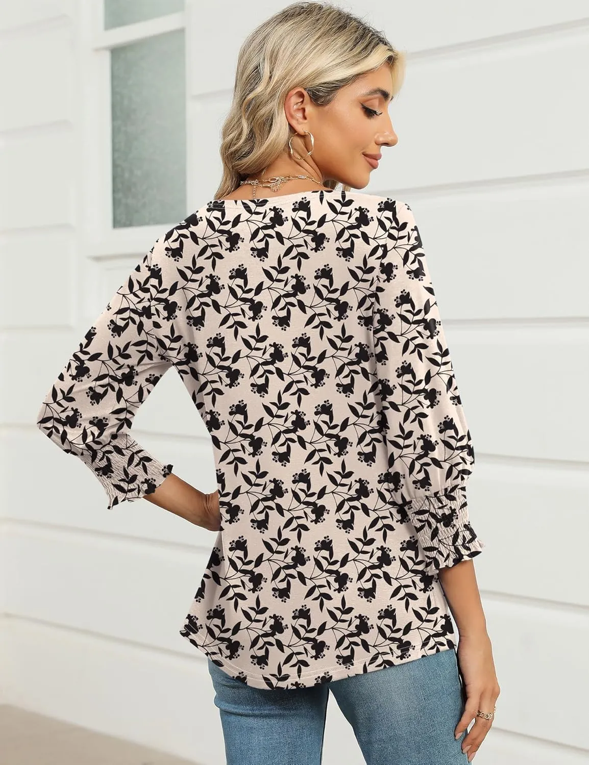 IECCP 3/4 Length Sleeve Womens Tops Summer 2025 Fashion Trendy Boat Crew Neck Smocked Work Dressy Casual T Shirt Blouses