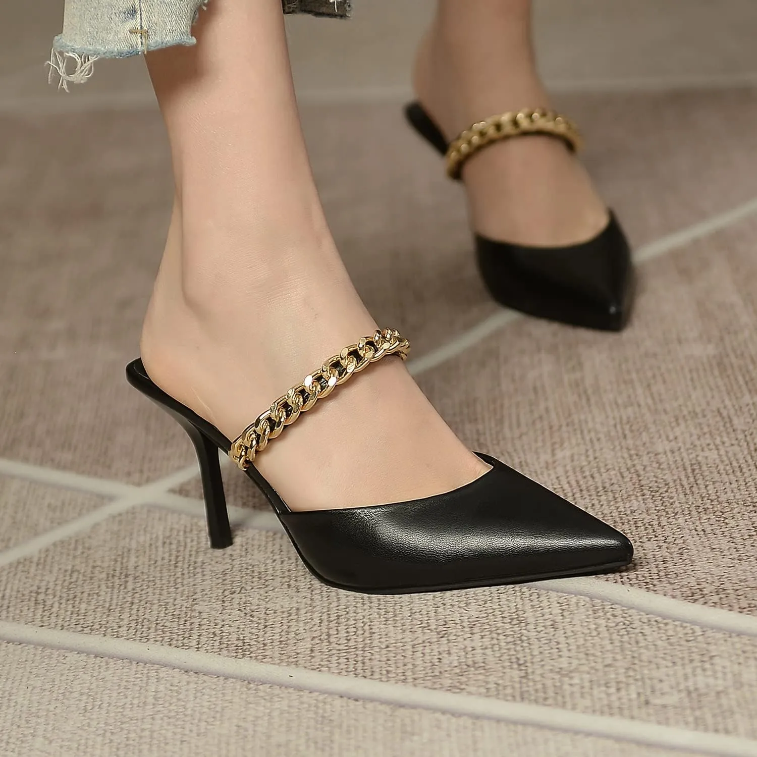 Jeesay Women's Pointed Toe Mules Stilettos Heels Sandals Slip on Gold Chains Mary Jane Dress Pumps