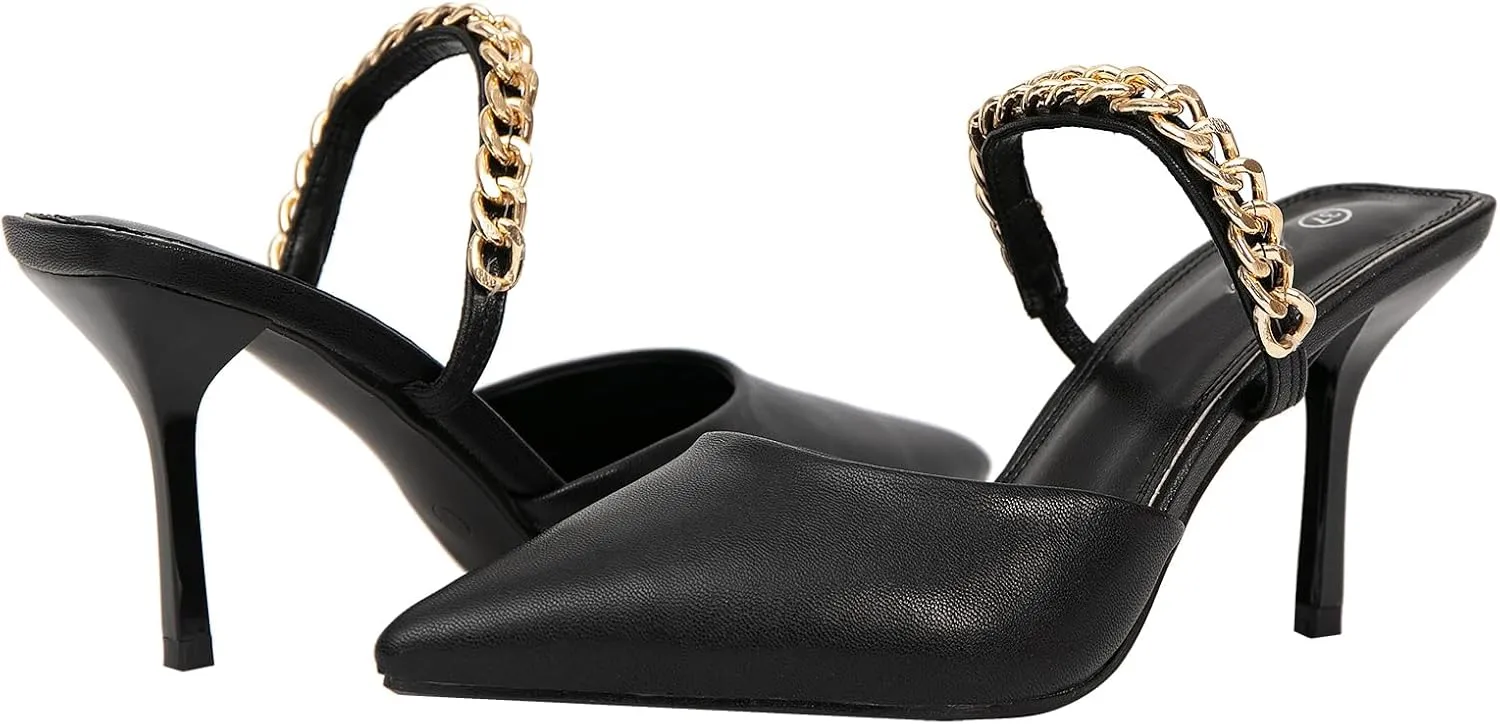 Jeesay Women's Pointed Toe Mules Stilettos Heels Sandals Slip on Gold Chains Mary Jane Dress Pumps