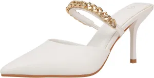 Jeesay Women's Pointed Toe Mules Stilettos Heels Sandals Slip on Gold Chains Mary Jane Dress Pumps