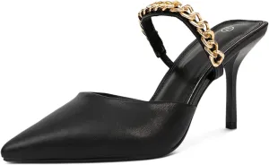 Jeesay Women's Pointed Toe Mules Stilettos Heels Sandals Slip on Gold Chains Mary Jane Dress Pumps