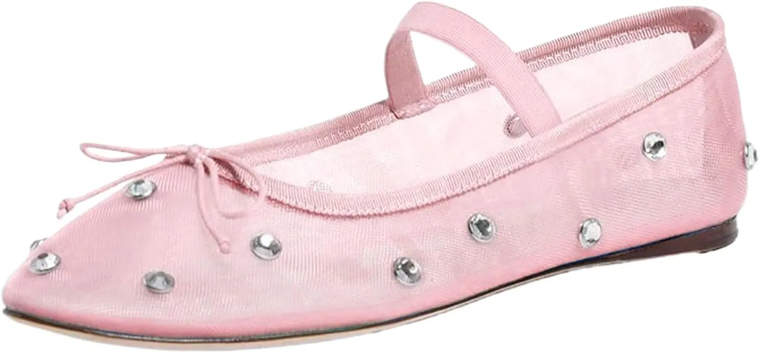 JORISTIMO Crystal Mesh Ballet Flats Stretch Band Snip Toe Ballerinas Flats Mary Jane