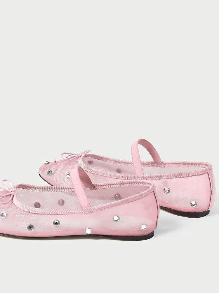 JORISTIMO Crystal Mesh Ballet Flats Stretch Band Snip Toe Ballerinas Flats Mary Jane