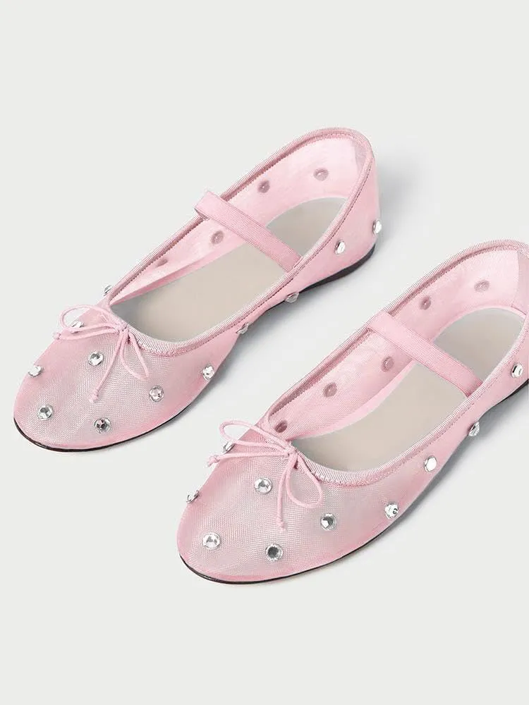 JORISTIMO Crystal Mesh Ballet Flats Stretch Band Snip Toe Ballerinas Flats Mary Jane