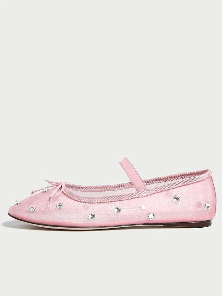 JORISTIMO Crystal Mesh Ballet Flats Stretch Band Snip Toe Ballerinas Flats Mary Jane