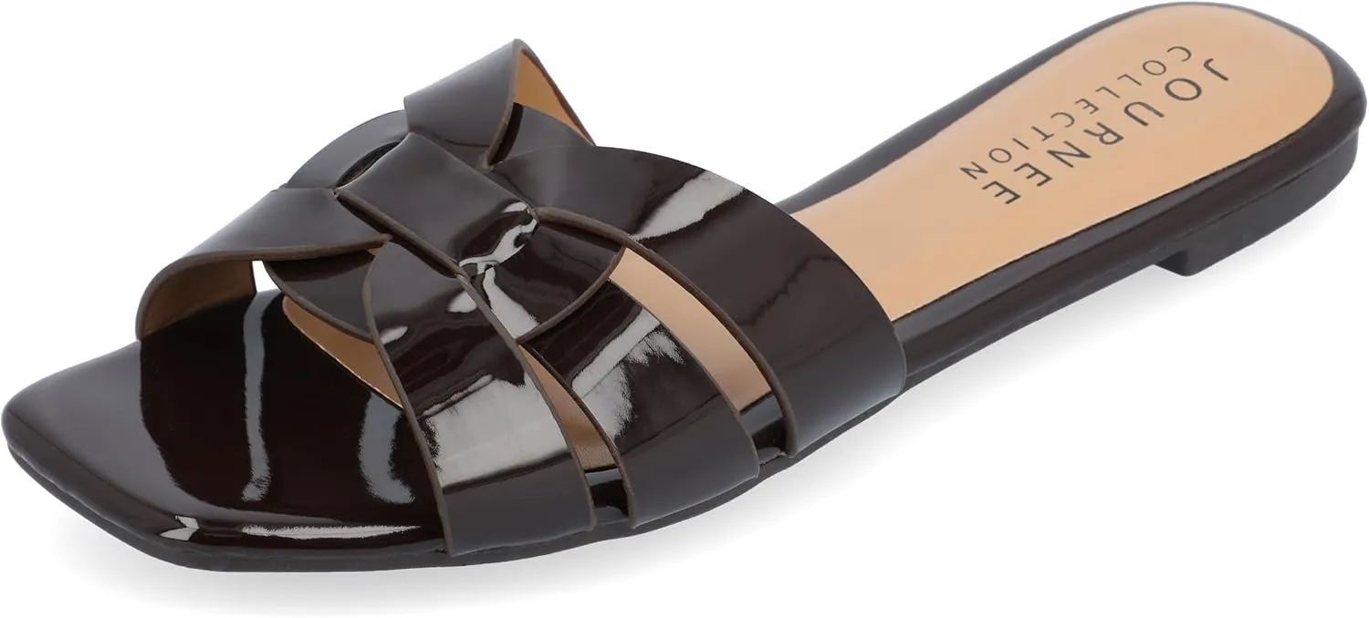 Journee Womens Flat Open Square Toe Fashion Banded Sandal Comfortable Dressy Slip On Arrina Slide