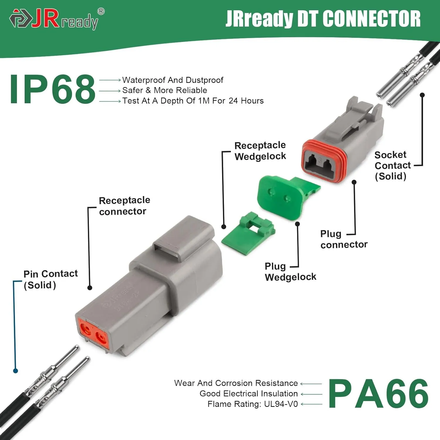 JRready Deutsch Connector Kit IP68 Waterproof - 2 3 4 6 8 12 Pin DT Connector 1 Set with Size 16 Solid Contacts, ST6431-01 Automotive Electrical Wire Connectors for Car, Boat, Truck, Motorcycle
