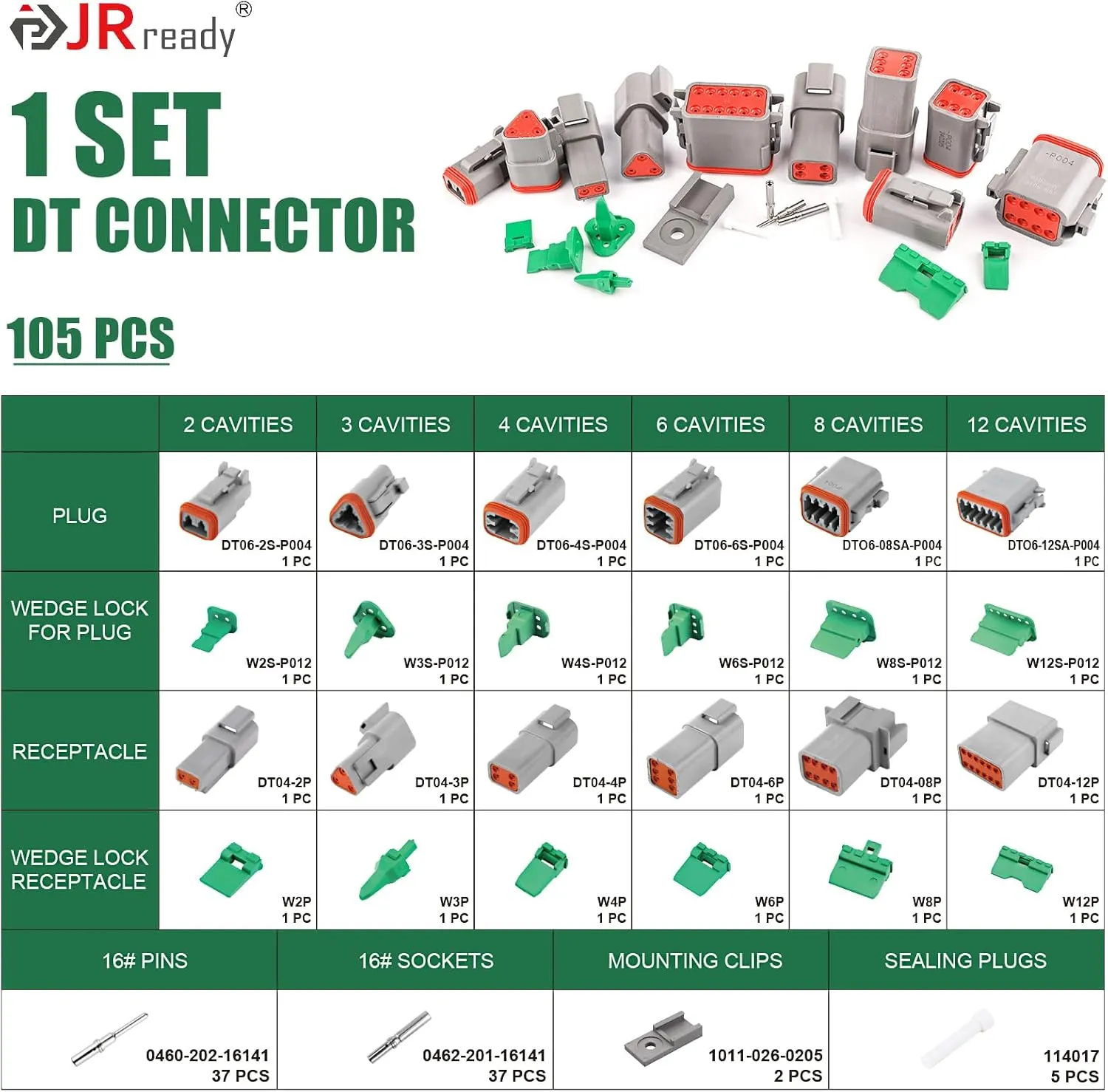 JRready Deutsch Connector Kit IP68 Waterproof - 2 3 4 6 8 12 Pin DT Connector 1 Set with Size 16 Solid Contacts, ST6431-01 Automotive Electrical Wire Connectors for Car, Boat, Truck, Motorcycle