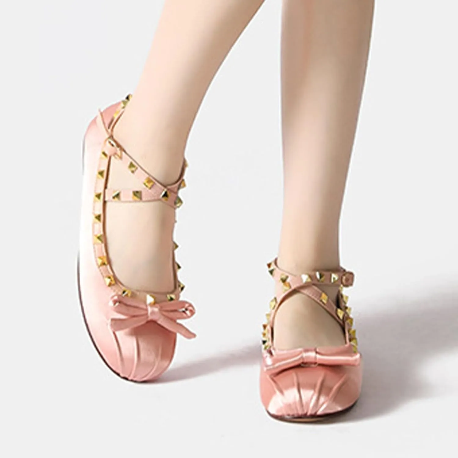 Keilinia Women's Satin Mary Jane Ballet Flats,Bow Studded Strap Ankle Buckle Square Toe Soft Comfort Casual Dress Shoes