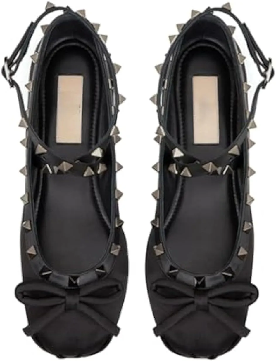 Keilinia Women's Satin Mary Jane Ballet Flats,Bow Studded Strap Ankle Buckle Square Toe Soft Comfort Casual Dress Shoes