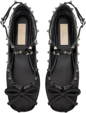 Keilinia Women's Satin Mary Jane Ballet Flats,Bow Studded Strap Ankle Buckle Square Toe Soft Comfort Casual Dress Shoes