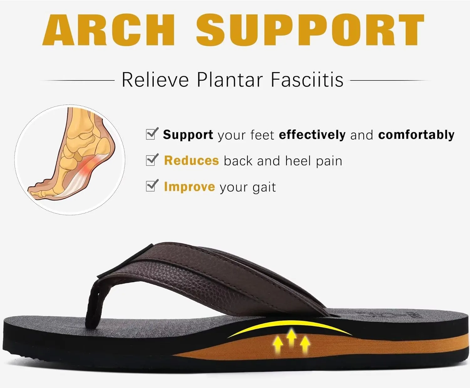 KuaiLu Men's Yoga Mat Leather Flip Flops with Arch Support Comfortable Cushion Walking Thong Sandals Slip On Indoor Outdoor