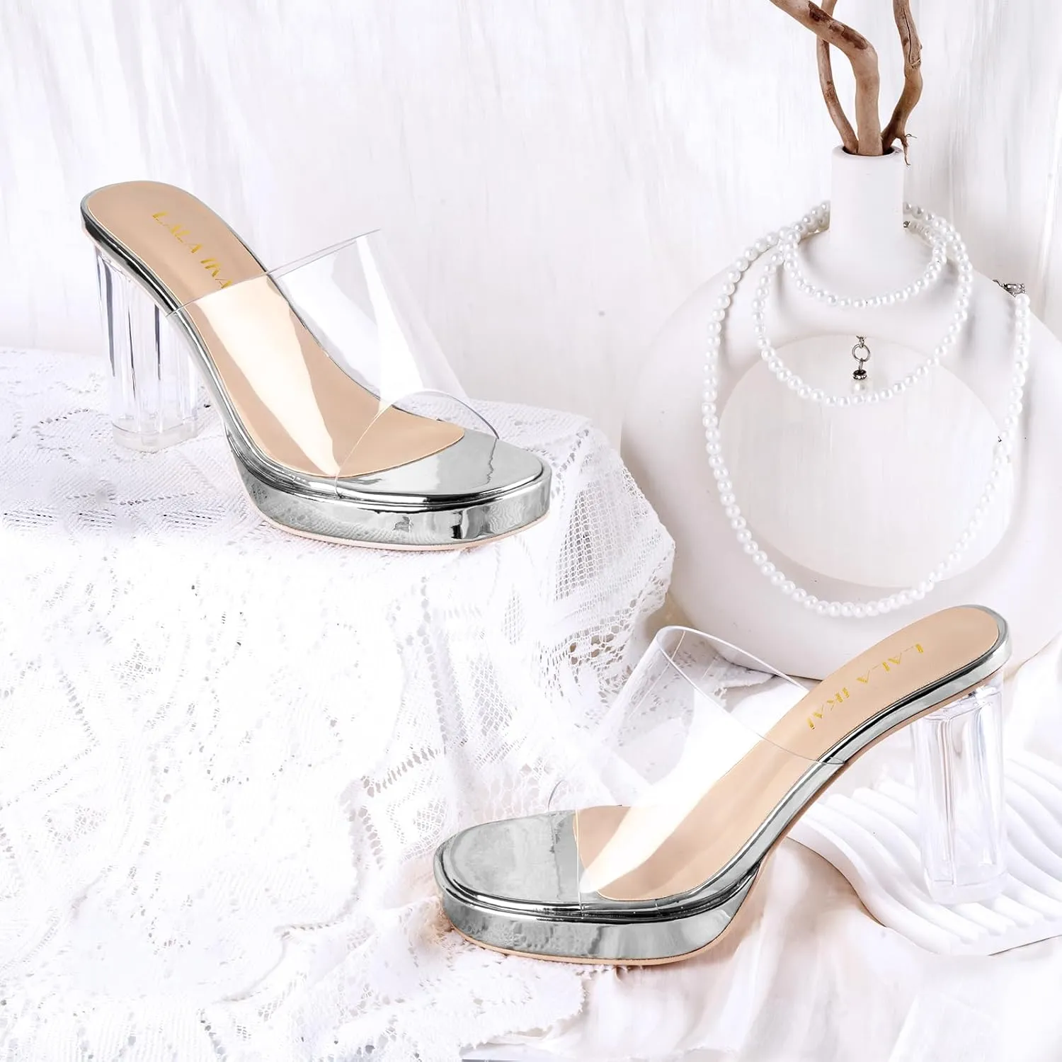 LALA IKAI Women's Clear Heels Platform Slip On Open Toe Heels Sandals Gold Nude Sliver Chunky Block Heeled Slipper Dress Shoes