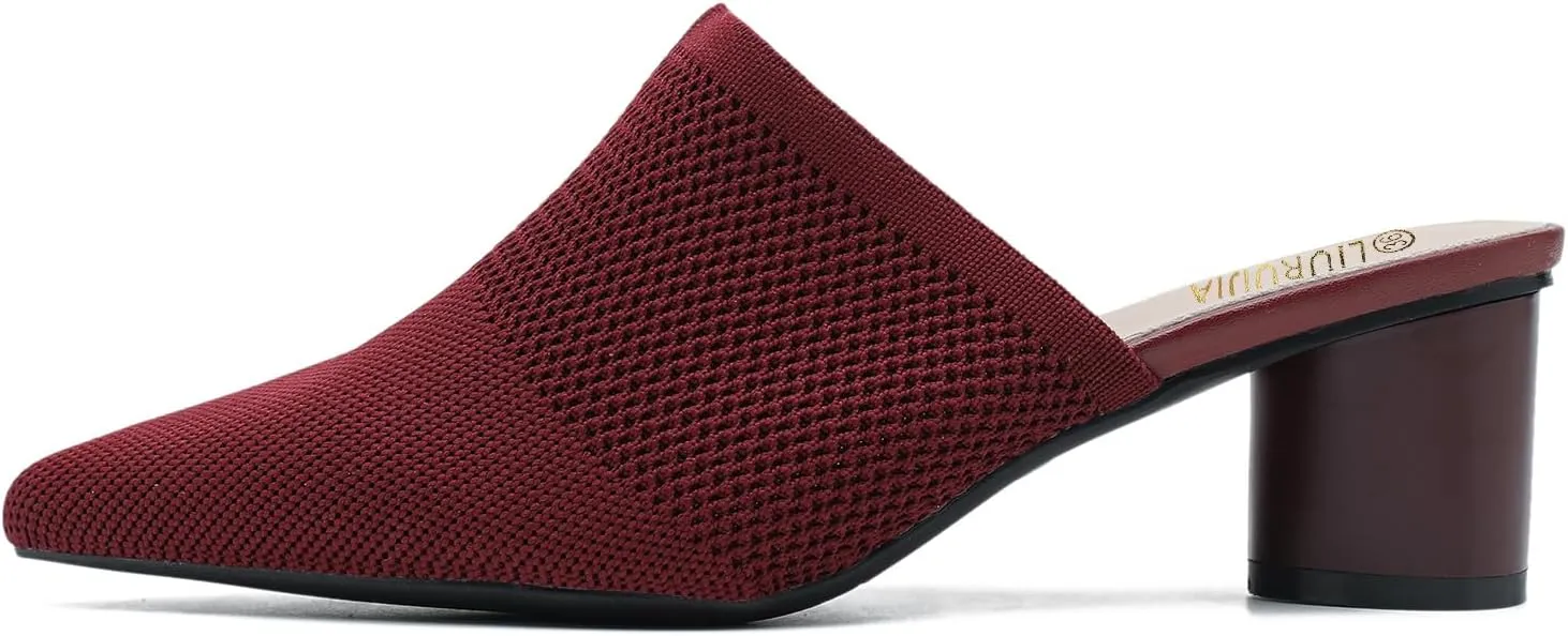 LIURUIJIA Women's Pointed Toe Mules Heels Chunky Heeled Sandals Breathable Mesh Knit Slip On Dress Sandals For Women