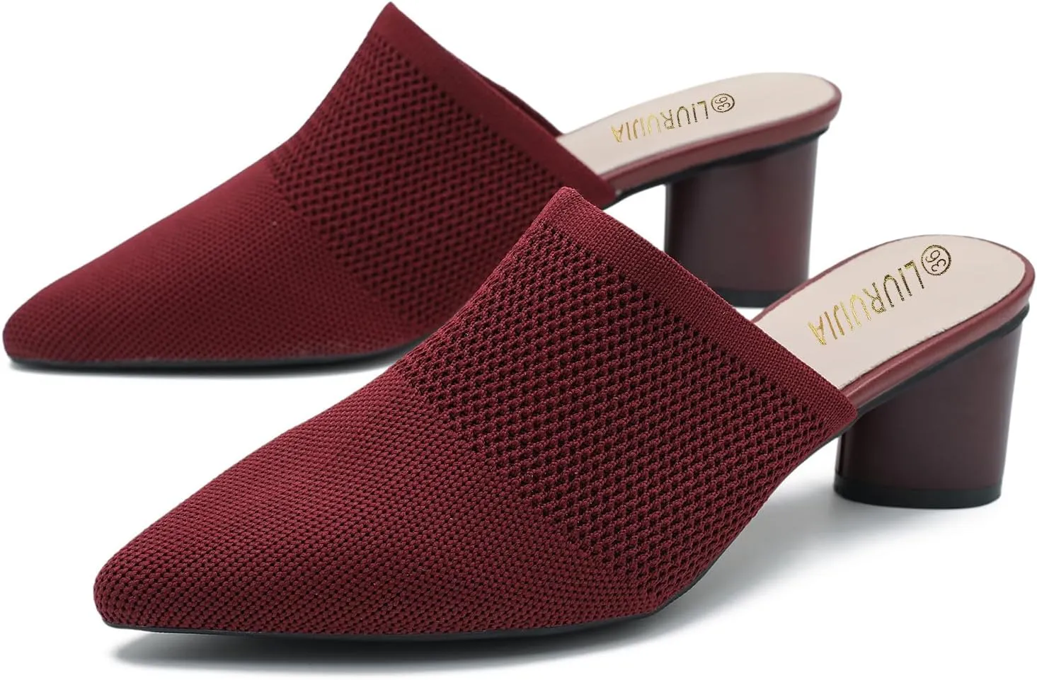 LIURUIJIA Women's Pointed Toe Mules Heels Chunky Heeled Sandals Breathable Mesh Knit Slip On Dress Sandals For Women