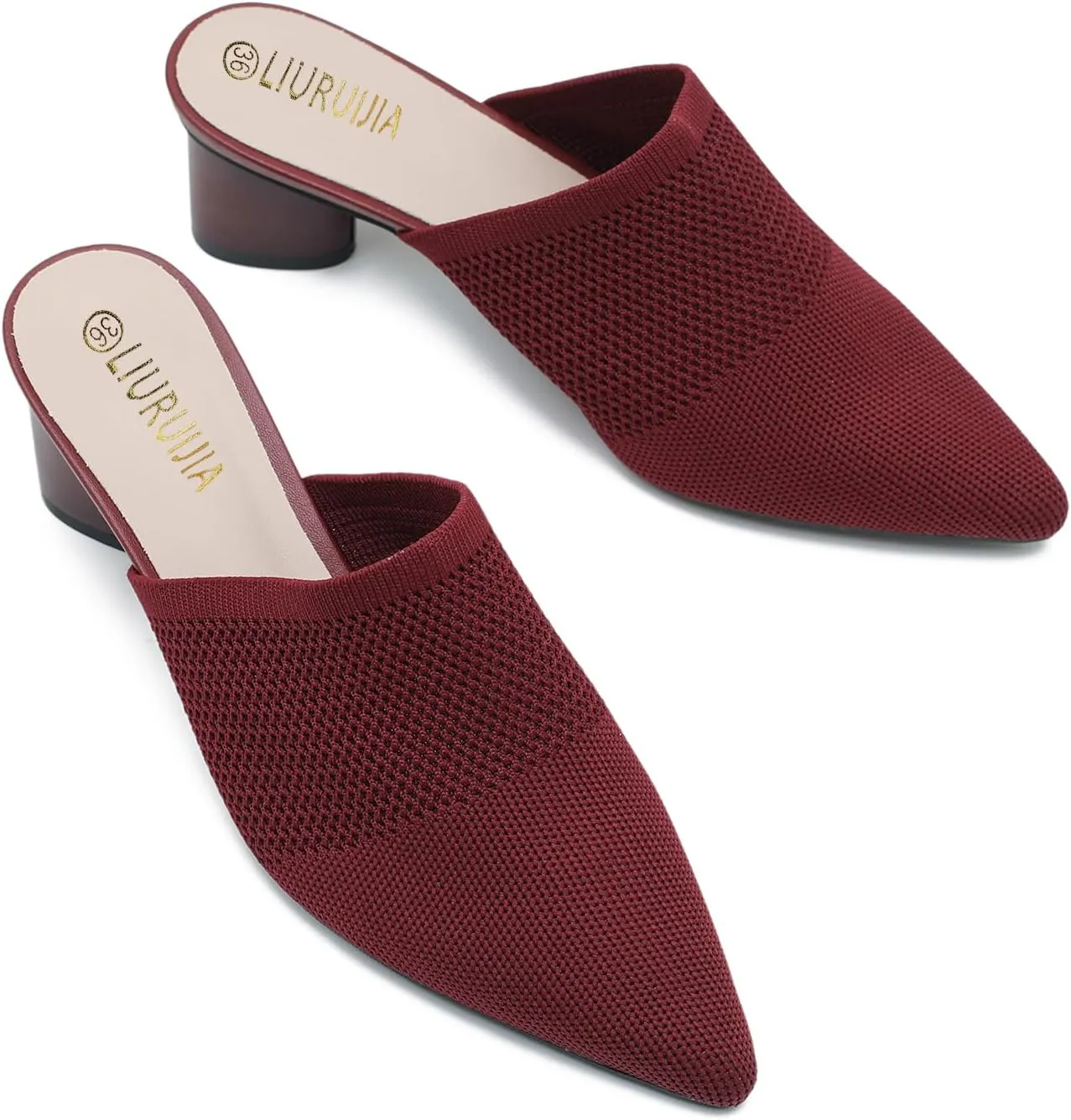 LIURUIJIA Women's Pointed Toe Mules Heels Chunky Heeled Sandals Breathable Mesh Knit Slip On Dress Sandals For Women
