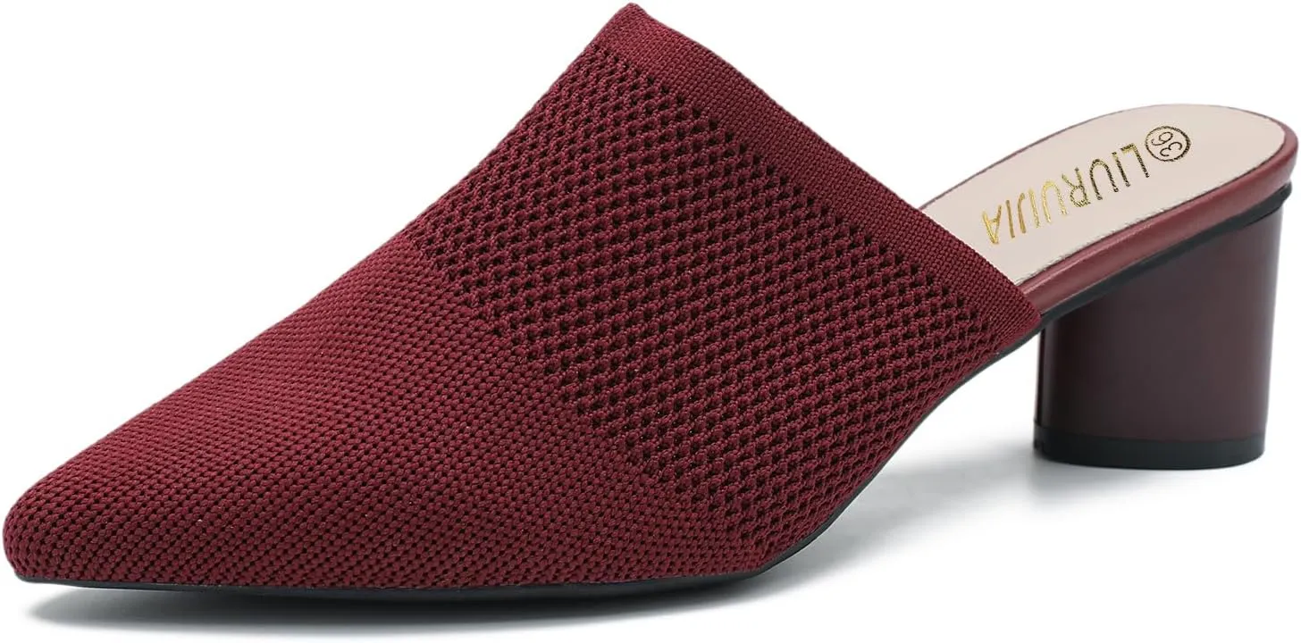 LIURUIJIA Women's Pointed Toe Mules Heels Chunky Heeled Sandals Breathable Mesh Knit Slip On Dress Sandals For Women