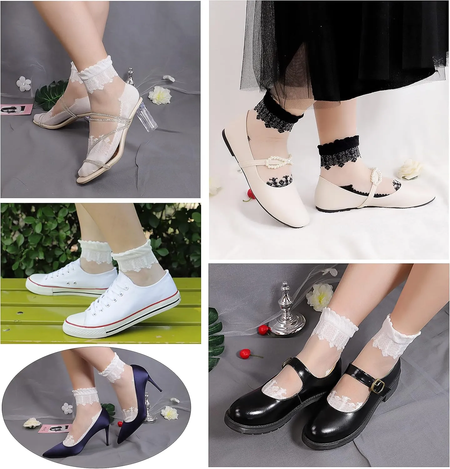Lovful 3 Pairs Women's Ultrathin Transparent Lace Elastic Short Socks