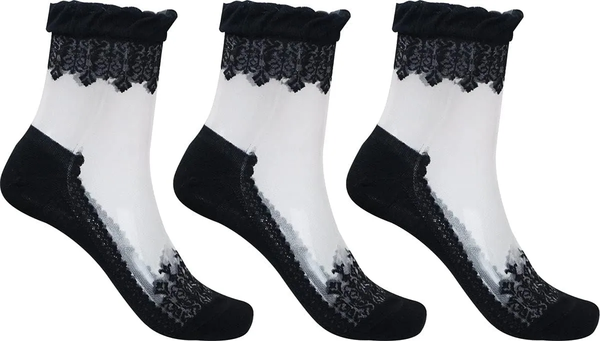 Lovful 3 Pairs Women's Ultrathin Transparent Lace Elastic Short Socks
