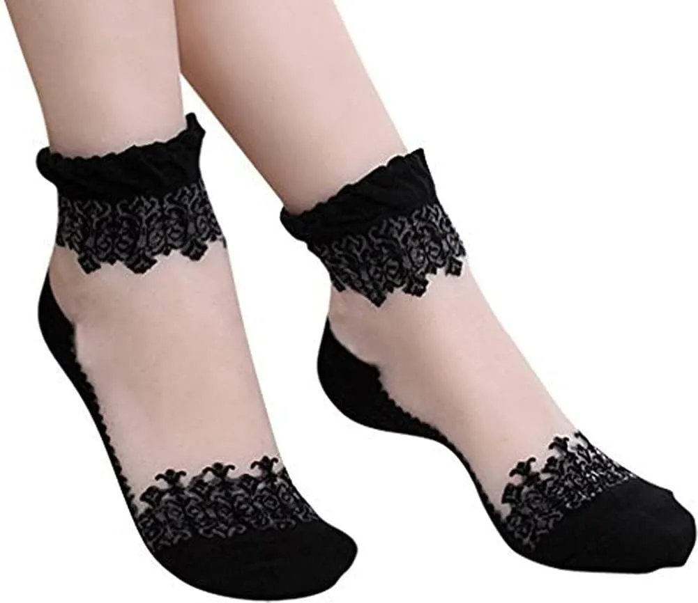 Lovful 3 Pairs Women's Ultrathin Transparent Lace Elastic Short Socks