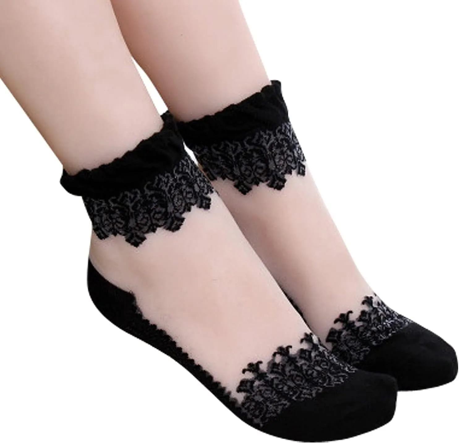Lovful 3 Pairs Women's Ultrathin Transparent Lace Elastic Short Socks