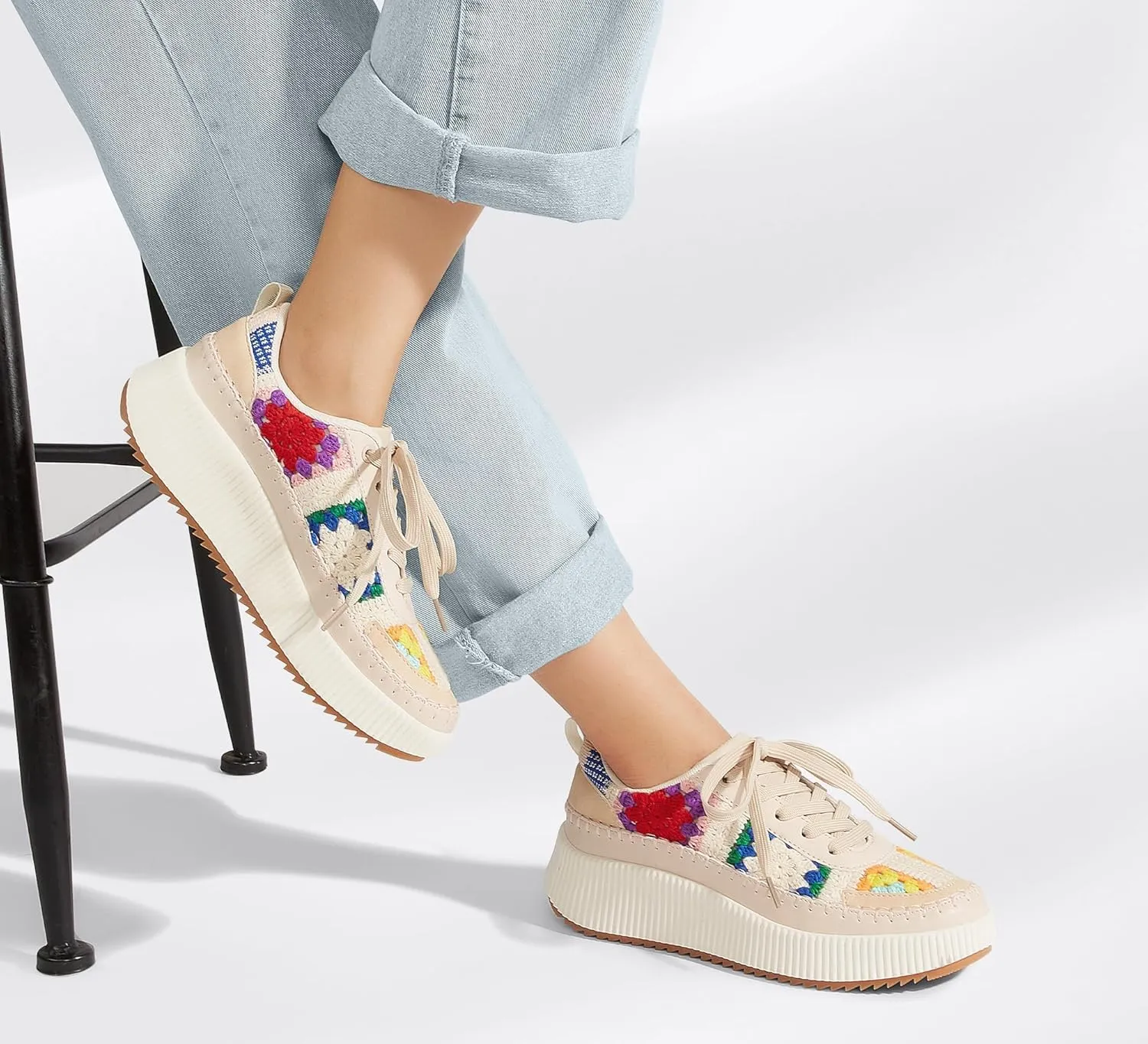 LUCKY STEP Women's Platform Sneakers Rhinestone Fashion Chunky Casual Sparkly Retro Braided Walking Shoes