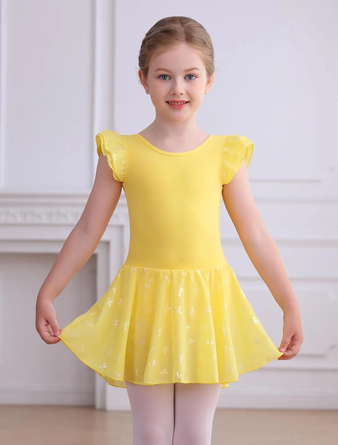 MdnMd Girls Ballet Toddler Dance Leotards Soft Ballerina Outfit Butterfly Skirt Hollow Back Ruffle Sleeve Dresses