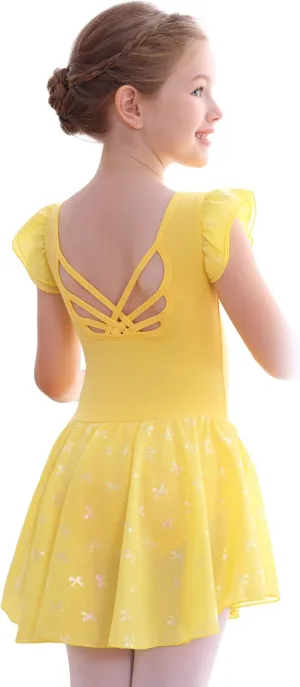 MdnMd Girls Ballet Toddler Dance Leotards Soft Ballerina Outfit Butterfly Skirt Hollow Back Ruffle Sleeve Dresses