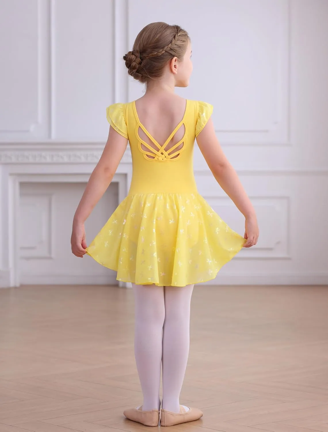 MdnMd Girls Ballet Toddler Dance Leotards Soft Ballerina Outfit Butterfly Skirt Hollow Back Ruffle Sleeve Dresses