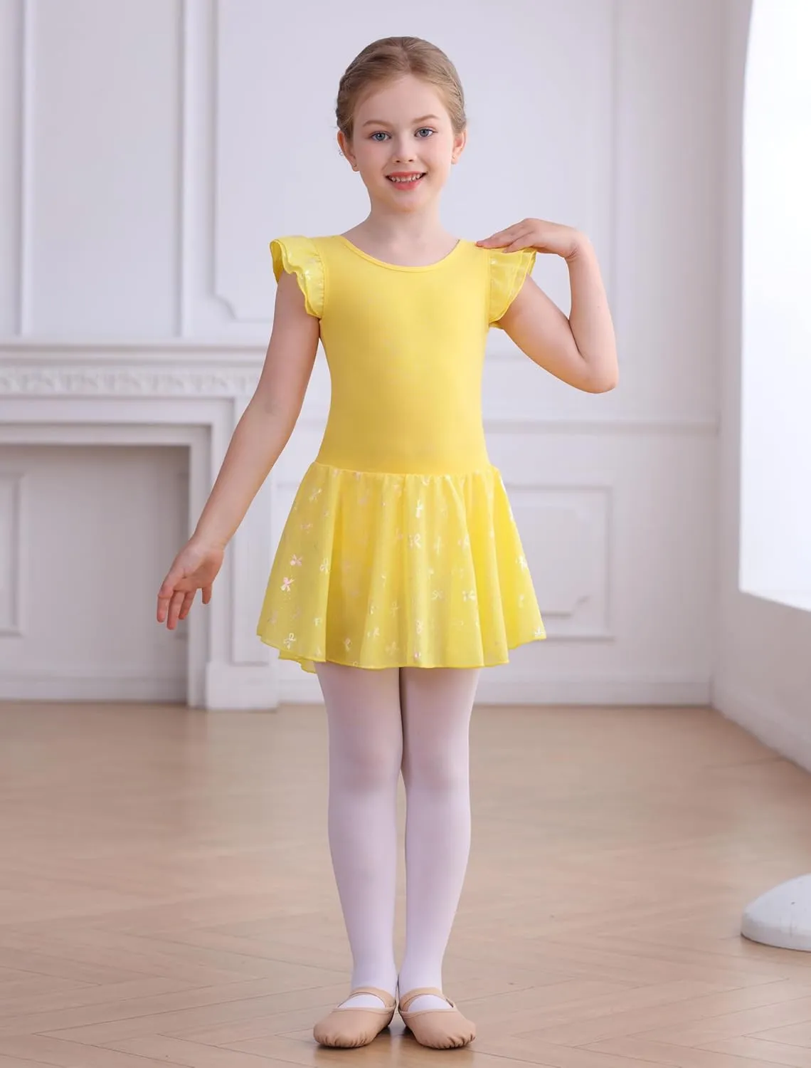 MdnMd Girls Ballet Toddler Dance Leotards Soft Ballerina Outfit Butterfly Skirt Hollow Back Ruffle Sleeve Dresses