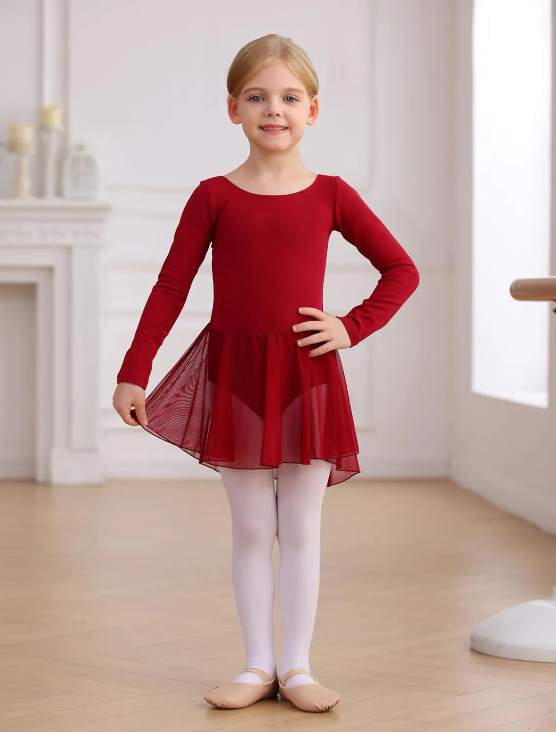 MdnMd Toddler Girls Long Sleeve Ballet Leotards Dresses Dance Skirt Ballerina Tutu Outfits