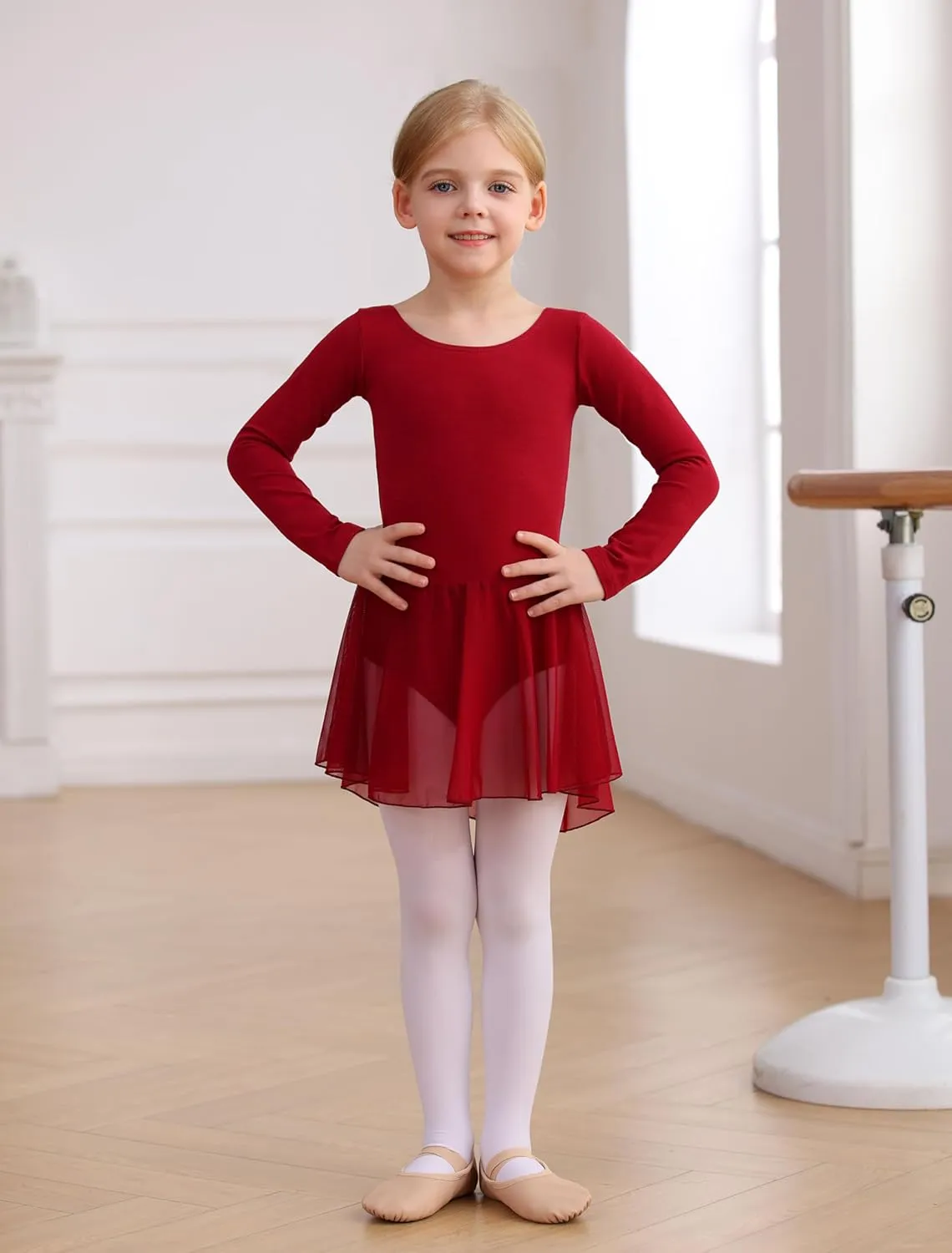 MdnMd Toddler Girls Long Sleeve Ballet Leotards Dresses Dance Skirt Ballerina Tutu Outfits