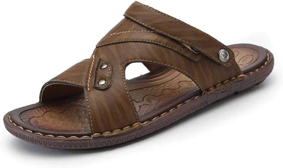 Men Beach Sandals Classics Shoes Men Slippers Split Leather Sandals for Men Comfortable Flip Flops(E,39 Code)