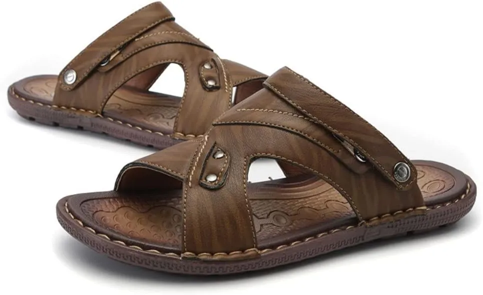Men Beach Sandals Classics Shoes Men Slippers Split Leather Sandals for Men Comfortable Flip Flops(E,39 Code)