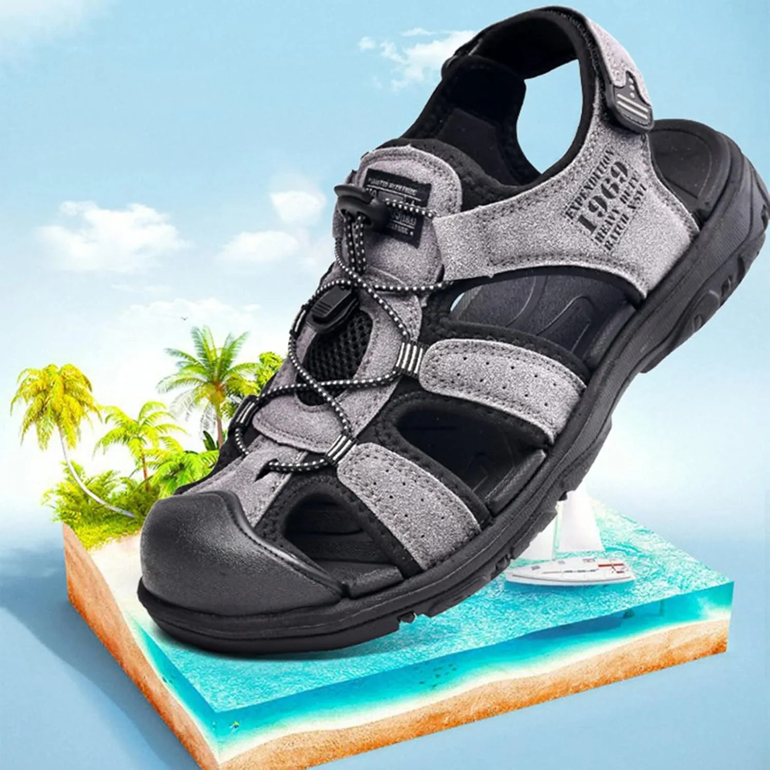 Men's Leather Sandals Close Toe Outdoor Sport Sandals Non Slip Athletic Hiking Sandal Hand Sewing Comfortable Walking with Cushion Sole Quick Drying Water Shoes with Adjustable Strap Daily Work Wear
