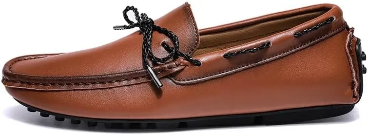 Men's Loafers Shoes Tied Bow Square Toe Vegan Leather Driving Moccasins Boatshoes Slip Resistant Comfortable Lightweight Party Outdoor Slip-on(Brown,11.5)