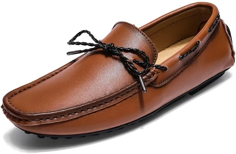 Men's Loafers Shoes Tied Bow Square Toe Vegan Leather Driving Moccasins Boatshoes Slip Resistant Comfortable Lightweight Party Outdoor Slip-on(Brown,11.5)