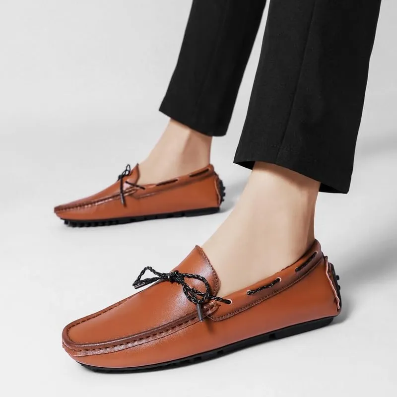 Men's Loafers Shoes Tied Bow Square Toe Vegan Leather Driving Moccasins Boatshoes Slip Resistant Comfortable Lightweight Party Outdoor Slip-on(Brown,11.5)