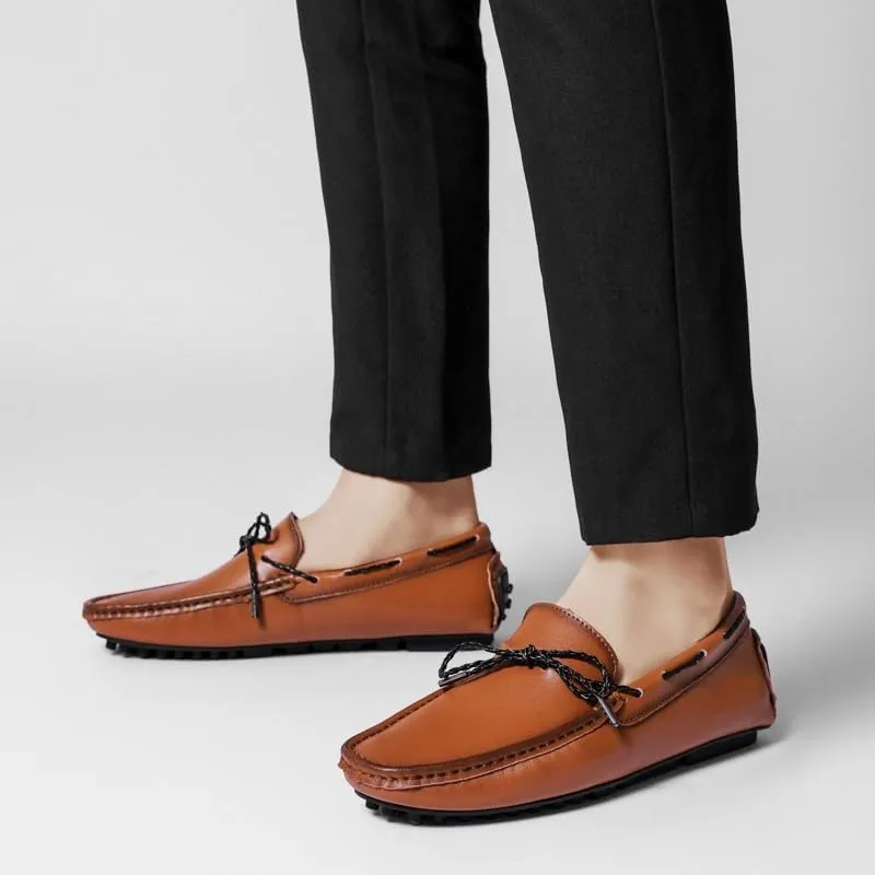 Men's Loafers Shoes Tied Bow Square Toe Vegan Leather Driving Moccasins Boatshoes Slip Resistant Comfortable Lightweight Party Outdoor Slip-on(Brown,11.5)
