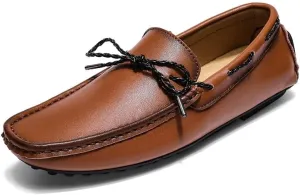 Men's Loafers Shoes Tied Bow Square Toe Vegan Leather Driving Moccasins Boatshoes Slip Resistant Comfortable Lightweight Party Outdoor Slip-on(Brown,11.5)