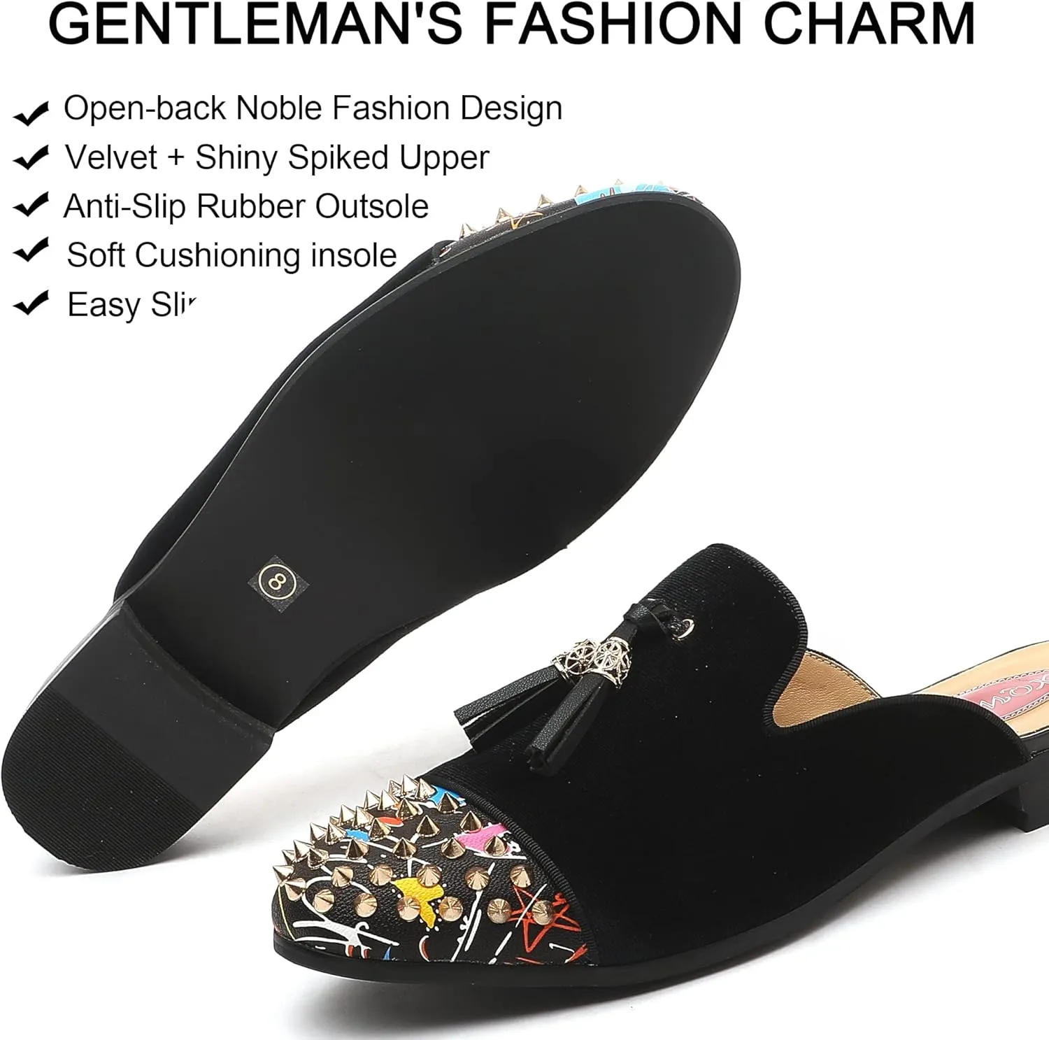 Men's Slip-on Mule Sandals Loafer with Gold Buckle,Fashion Leather Formal Wear Casual Backless Dress Slippers