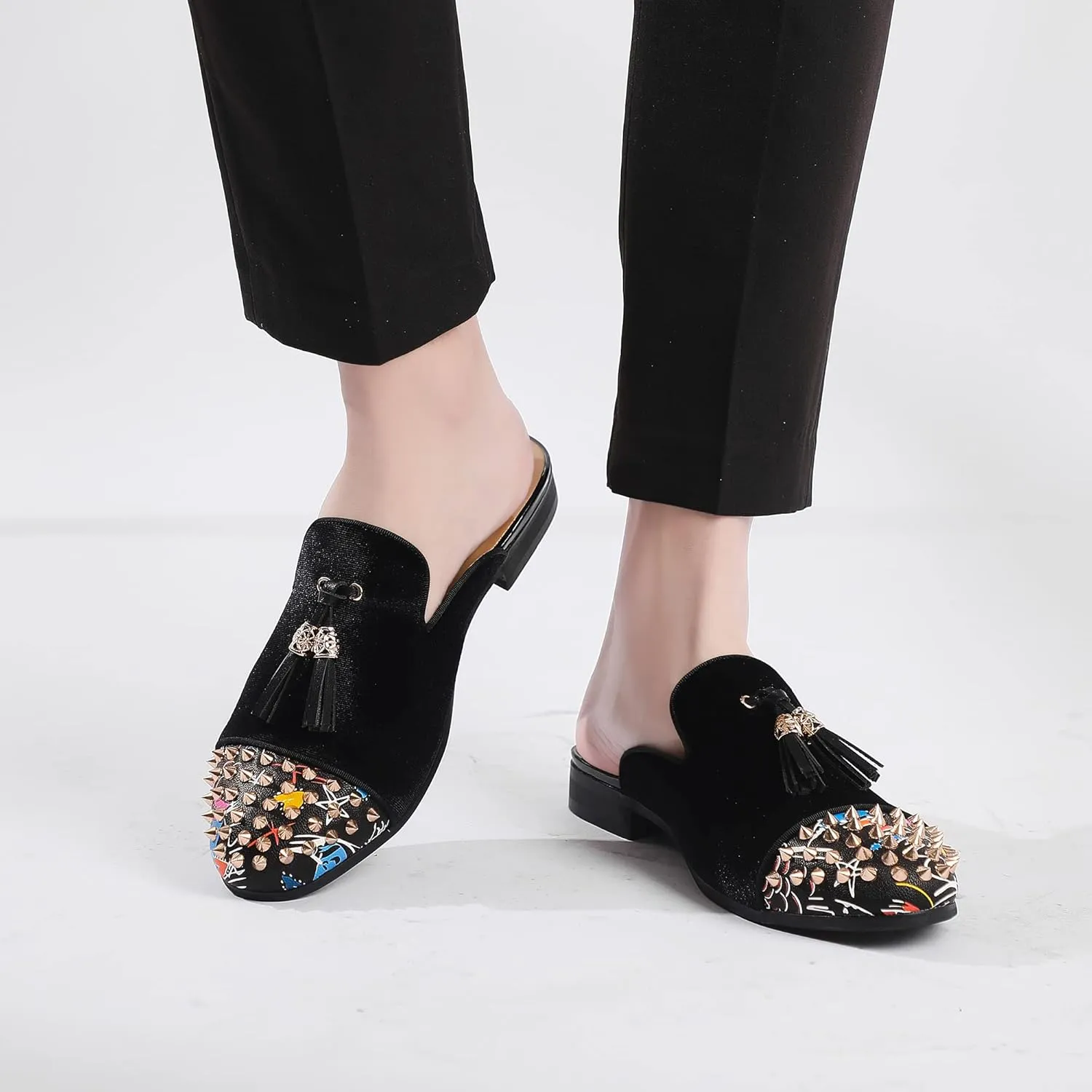 Men's Slip-on Mule Sandals Loafer with Gold Buckle,Fashion Leather Formal Wear Casual Backless Dress Slippers
