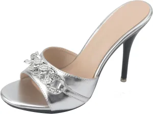 Minishion Womens Stiletto Mules Sandals Slip-on Summer Casual Dress Shoes with Decoration