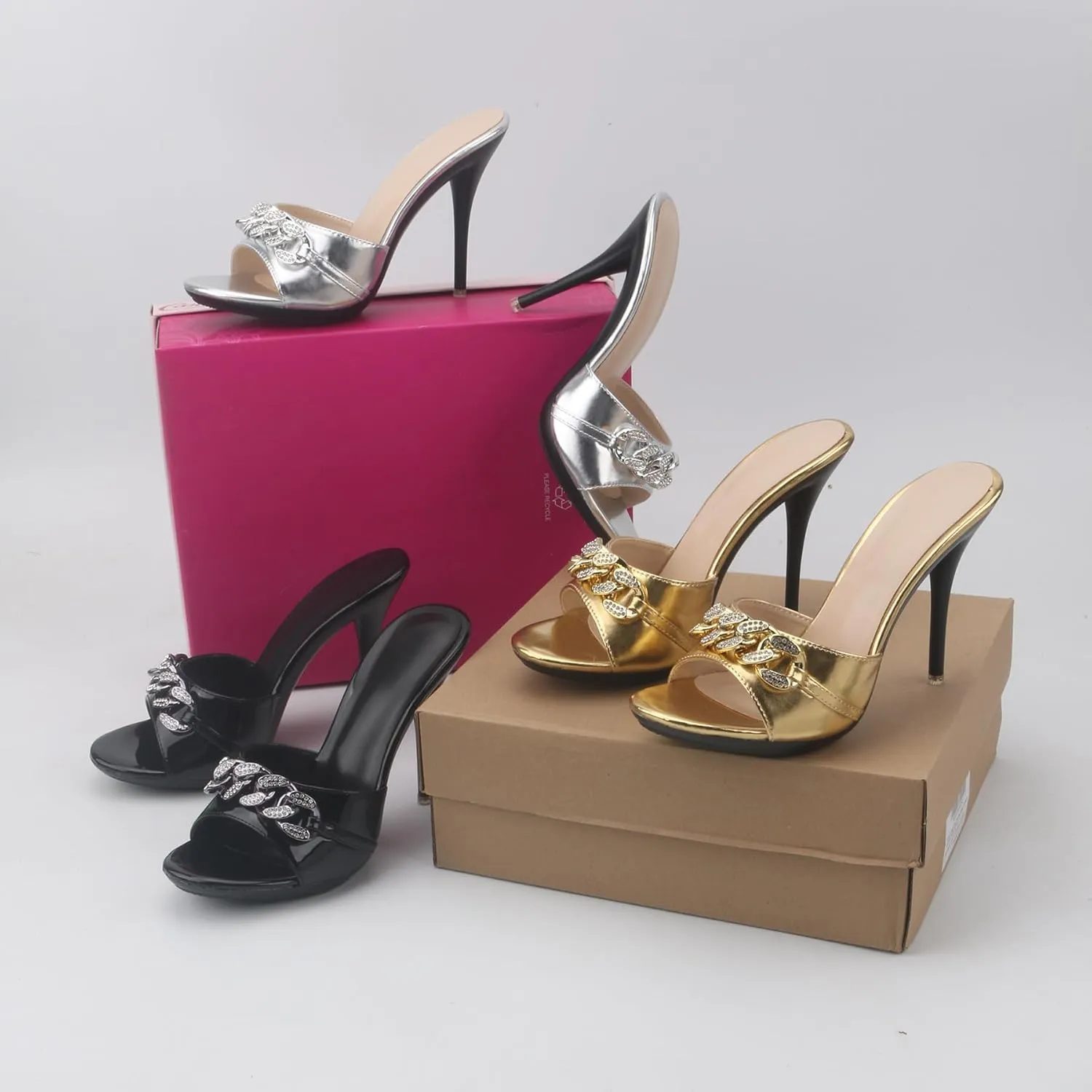 Minishion Womens Stiletto Mules Sandals Slip-on Summer Casual Dress Shoes with Decoration