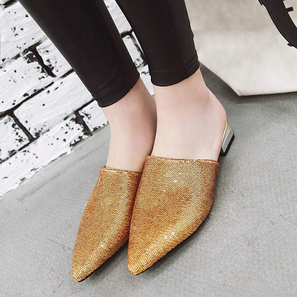 MIOKE Women's Pointed Toe Embellished Mules Flat Slip On Backless Loafer Comfy Low Heel Dress Slipper Shoes