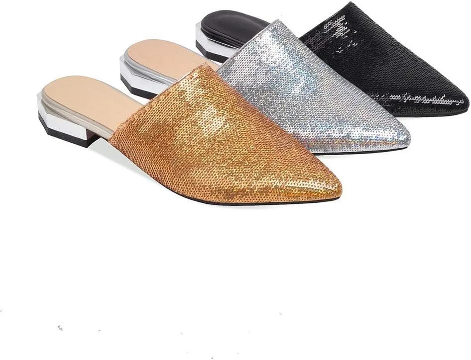 MIOKE Women's Pointed Toe Embellished Mules Flat Slip On Backless Loafer Comfy Low Heel Dress Slipper Shoes