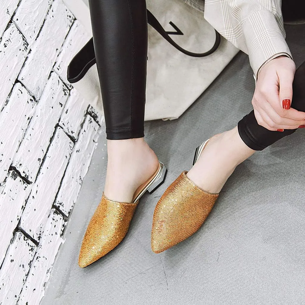MIOKE Women's Pointed Toe Embellished Mules Flat Slip On Backless Loafer Comfy Low Heel Dress Slipper Shoes